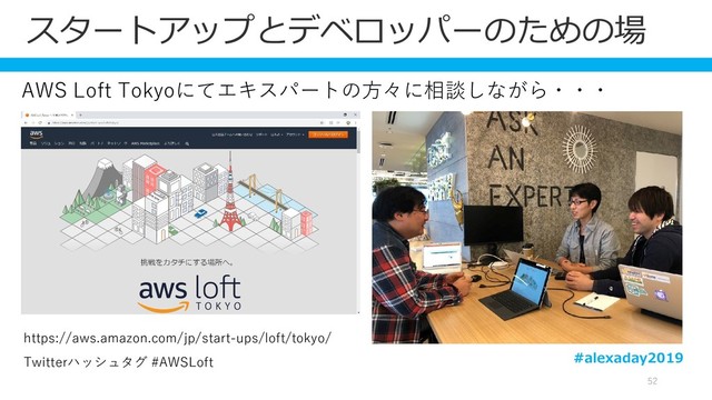 52
https://aws.amazon.com/jp/start-ups/loft/tokyo/
スタートアップとデベロッパーのための場
AWS Loft Tokyoにてエキスパートの方々に相談しながら・・・
Twitterハッシュタグ #AWSLoft #alexaday2019
