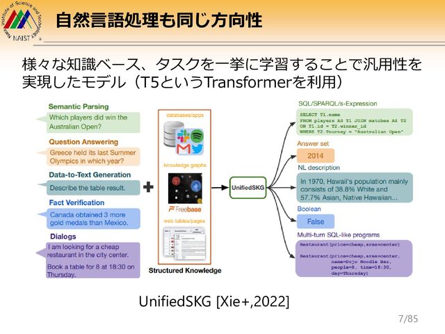 自然言語処理も同じ方向性
様々な知識ベース、タスクを一挙に学習することで汎用性を
実現したモデル（T5というTransformerを利用）
UnifiedSKG [Xie+,2022]
7/85
