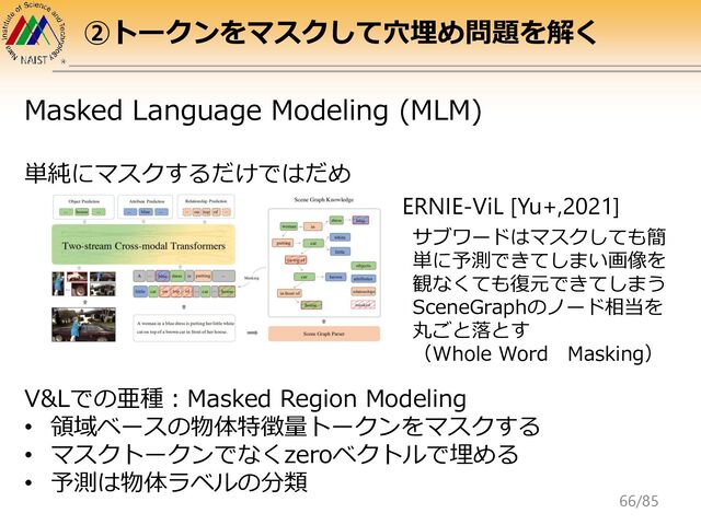②トークンをマスクして穴埋め問題を解く
Masked Language Modeling (MLM)
単純にマスクするだけではだめ
V&Lでの亜種：Masked Region Modeling
• 領域ベースの物体特徴量トークンをマスクする
• マスクトークンでなくzeroベクトルで埋める
• 予測は物体ラベルの分類
サブワードはマスクしても簡
単に予測できてしまい画像を
観なくても復元できてしまう
SceneGraphのノード相当を
丸ごと落とす
（Whole Word Masking）
ERNIE-ViL [Yu+,2021]
66/85
