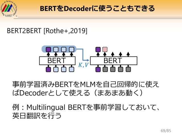 BERTをDecoderに使うこともできる
BERT2BERT [Rothe+,2019]
BERT BERT
𝐾, 𝑉
事前学習済みBERTをMLMを自己回帰的に使え
ばDecoderとして使える（まあまあ動く）
例：Multilingual BERTを事前学習しておいて、
英日翻訳を行う
69/85
