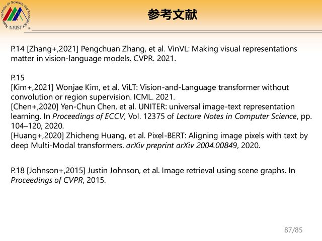 P.14 [Zhang+,2021] Pengchuan Zhang, et al. VinVL: Making visual representations
matter in vision-language models. CVPR. 2021.
P.15
[Kim+,2021] Wonjae Kim, et al. ViLT: Vision-and-Language transformer without
convolution or region supervision. ICML. 2021.
[Chen+,2020] Yen-Chun Chen, et al. UNITER: universal image-text representation
learning. In Proceedings of ECCV, Vol. 12375 of Lecture Notes in Computer Science, pp.
104–120, 2020.
[Huang+,2020] Zhicheng Huang, et al. Pixel-BERT: Aligning image pixels with text by
deep Multi-Modal transformers. arXiv preprint arXiv 2004.00849, 2020.
P.18 [Johnson+,2015] Justin Johnson, et al. Image retrieval using scene graphs. In
Proceedings of CVPR, 2015.
参考文献
87/85
