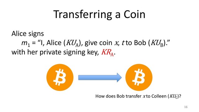 Transferring a Coin
16
Alice signs
m
1
= “I, Alice (KU
A
), give coin x, t to Bob (KU
B
).”
with her private signing key, KR
A
.
How does Bob transfer x to Colleen (KU
C
)?
