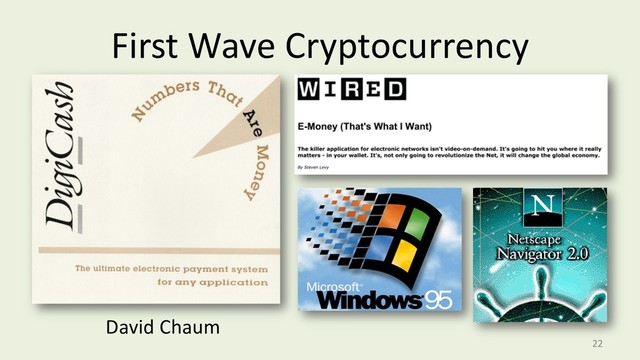 First Wave Cryptocurrency
22
David Chaum
