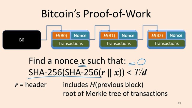 Bitcoin’s Proof-of-Work
43
B0
H(B0) Nonce
Transactions
H(B1) Nonce
Transactions
H(B2) Nonce
Transactions
Find a nonce x such that:
SHA-256(SHA-256(r || x)) < T/d
r = header includes H(previous block)
root of Merkle tree of transactions
