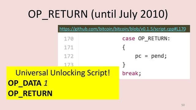 OP_RETURN (until July 2010)
50
https://github.com/bitcoin/bitcoin/blob/v0.1.5/script.cpp#L170
Universal Unlocking Script!
OP_DATA 1
OP_RETURN
