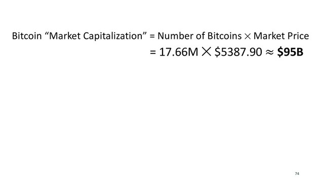 74
Bitcoin “Market Capitalization” = Number of Bitcoins ✕ Market Price
= 17.66M ✕ $5387.90 ≈ $95B
