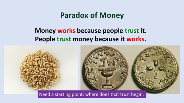 Paradox of Money
Money works because people trust it.
People trust money because it works.
Need a starting point: where does that trust begin.
