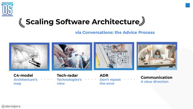 @otaviojava
C4-model
Architecture’s
map
Scaling Software Architecture
via Conversations: the Advice Process
Tech-radar
Technologies's
view
ADR
Don’t repeat
the error
Communication
A clear direction
