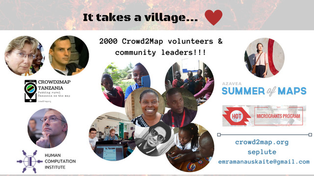 It takes a village...
2000 Crowd2Map volunteers &
community leaders!!!
crowd2map.org
seplute
emramanauskaite@gmail.com
