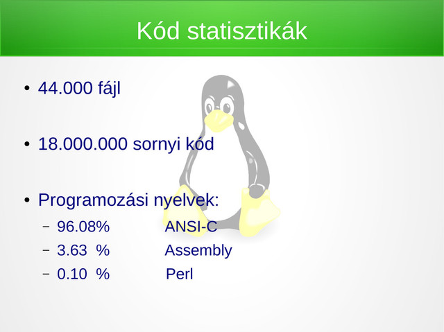 Kód statisztikák
●
44.000 fájl
●
18.000.000 sornyi kód
●
Programozási nyelvek:
– 96.08% ANSI-C
– 3.63 % Assembly
– 0.10 % Perl
