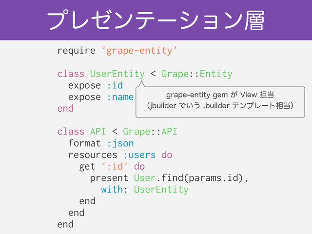 ϓϨθϯςʔγϣϯ૚
require 'grape-entity'
!
class UserEntity < Grape::Entity
expose :id
expose :name
end
!
class API < Grape::API
format :json
resources :users do
get ':id' do
present User.find(params.id),
with: UserEntity
end
end
end
HSBQFFOUJUZHFN͕7JFX୲౰
ʢKCVJMEFSͰ͍͏CVJMEFSςϯϓϨʔτ૬౰ʣ
