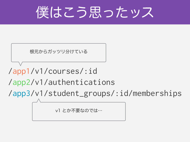 ๻͸͜͏ࢥͬͨοε
ࠜݩ͔ΒΨοπϦ෼͚͍ͯΔ
Wͱ͔ෆཁͳͷͰ͸ʜ
/app1/v1/courses/:id
/app2/v1/authentications
/app3/v1/student_groups/:id/memberships
