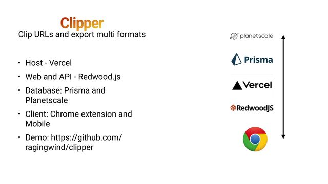 Clipper
• Host - Vercel


• Web and API - Redwood.js


• Database: Prisma and
Planetscale


• Client: Chrome extension and
Mobile


• Demo: https://github.com/
ragingwind/clipper
Clip URLs and export multi formats
