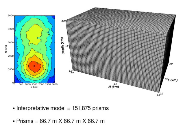 ●
Interpretative model = 151,875 prisms
●
Prisms = 66.7 m X 66.7 m X 66.7 m
