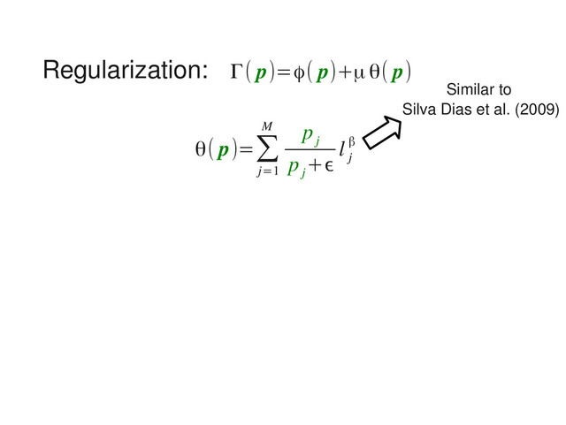 Regularization:
θ( p)=∑
j=1
M p
j
p
j
+ϵ
l
j
β
Γ( p)=ϕ( p)+μθ( p)
Similar to
Silva Dias et al. (2009)
