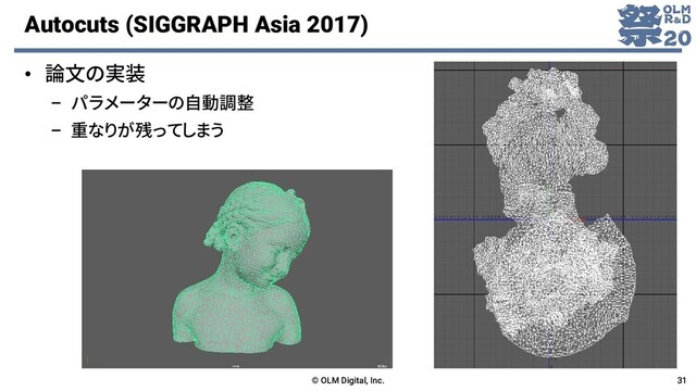 Autocuts (SIGGRAPH Asia 2017)
• 論文の実装
– パラメーターの自動調整
– 重なりが残ってしまう
© OLM Digital, Inc. 31

