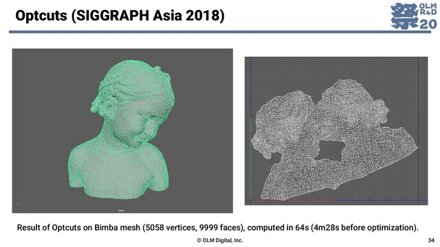 Optcuts (SIGGRAPH Asia 2018)
© OLM Digital, Inc. 34
Result of Optcuts on Bimba mesh (5058 vertices, 9999 faces), computed in 64s (4m28s before optimization).
