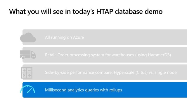 What you will see in today’s HTAP database demo
All running on Azure
Side-by-side performance compare: Hyperscale (Citus) vs. single node
Millisecond analytics queries with rollups
Retail: Order processing system for warehouses (using HammerDB)
