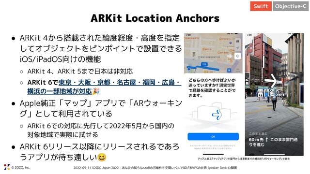 © ZOZO, Inc. 2022-09-11 iOSDC Japan 2022 - あなたの知らないARの可能性を空間レベルで拡げるVPSの世界 Speaker Deck 公開版
ARKit Location Anchors
● ARKit 4から搭載された緯度経度・高度を指定
してオブジェクトをピンポイントで設置できる
iOS/iPadOS向けの機能
○ ARKit 4、ARKit 5まで日本は非対応
○ ARKit 6で東京・大阪・京都・名古屋・福岡・広島・
横浜の一部地域が対応🎉
● Apple純正「マップ」アプリで「ARウォーキン
グ」として利用されている
○ ARKit 6での対応に先行して2022年5月から国内の
対象地域で実際に試せる
● ARKit 6リリース以降にリリースされるであろ
うアプリが待ち遠しい😆
アップル純正「マップ」アプリで雷門から浅草駅までの経路を「ARウォーキング」で表示
Objective-C
Swift

