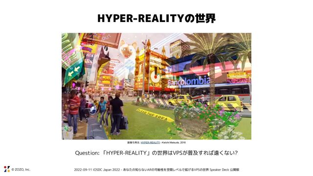 © ZOZO, Inc. 2022-09-11 iOSDC Japan 2022 - あなたの知らないARの可能性を空間レベルで拡げるVPSの世界 Speaker Deck 公開版
HYPER-REALITYの世界
画像引用元: HYPER-REALITY - Keiichi Matsuda, 2016
Question: 「HYPER-REALITY」の世界はVPSが普及すれば遠くない?
