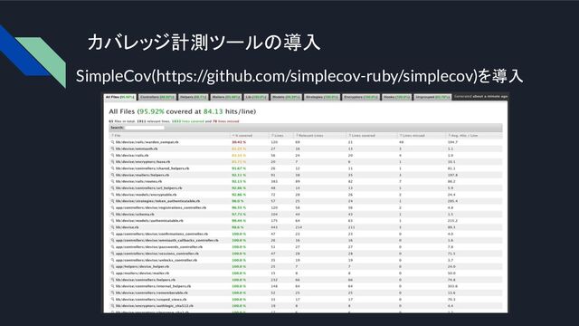 SimpleCov(https://github.com/simplecov-ruby/simplecov)を導入
カバレッジ計測ツールの導入

