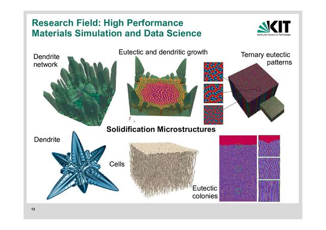 13
Research Field: High Performance
Materials Simulation and Data Science
Solidification Microstructures
Dendrite
network
Dendrite
Cells
Eutectic
colonies
Ternary eutectic
patterns
Eutectic and dendritic growth
