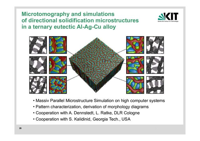 26
Microtomography and simulations
of directional solidification microstructures
in a ternary eutectic Al-Ag-Cu alloy
• Massiv Parallel Microstructure Simulation on high computer systems
• Pattern characterization, derivation of morphology diagrams
• Cooperation with A. Dennstedt, L. Ratke, DLR Cologne
• Cooperation with S. Kalidinid, Georgia Tech., USA
