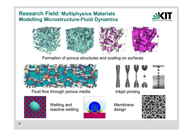 37
Research Field: Multiphysics Materials
Modelling Microstructure-Fluid Dynamics
Formation of porous structures and coating on surfaces
Fluid flow through porous media Inkjet printing
Wetting and
reactive wetting
Membrane
design
