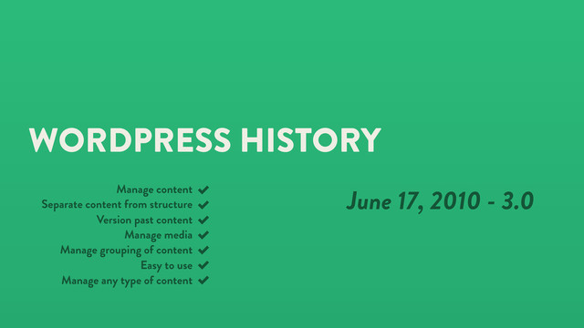 WORDPRESS HISTORY
June 17, 2010 - 3.0
Manage content
Separate content from structure
Version past content
Manage media
Manage grouping of content
Easy to use
Manage any type of content
✓
✓
✓
✓
✓
✓
✓
