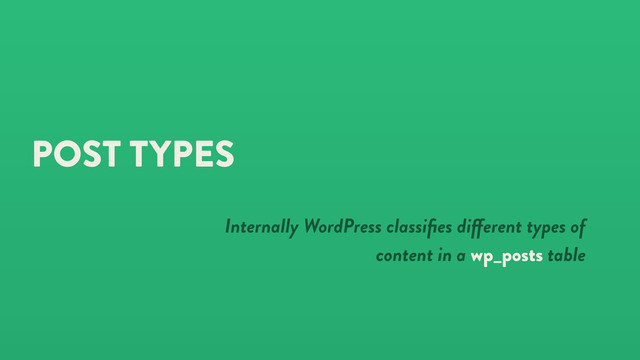 POST TYPES
Internally WordPress classiﬁes di erent types of
content in a wp_posts table
