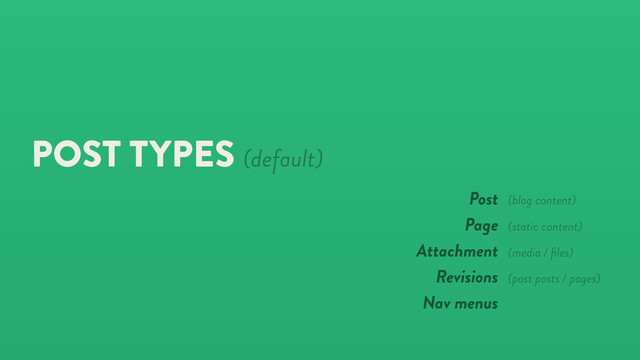 POST TYPES (default)
Post
Page
Attachment
Revisions
Nav menus
(blog content)
(static content)
(media / ﬁles)
(past posts / pages)
