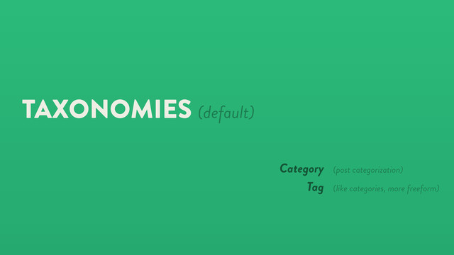 TAXONOMIES (default)
Category
Tag
(post categorization)
(like categories, more freeform)
