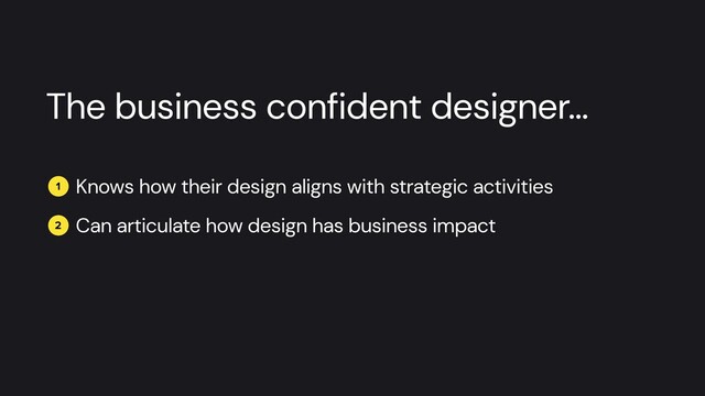 The business confident designer…
1 Knows how their design aligns with strategic activities
2 Can articulate how design has business impact
