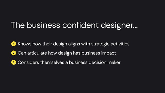 The business confident designer…
1 Knows how their design aligns with strategic activities
2 Can articulate how design has business impact
3 Considers themselves a business decision maker
