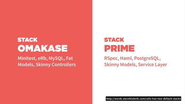 STACK
OMAKASE
Minitest, eRb, MySQL, Fat
Models, Skinny Controllers
STACK
PRIME
RSpec, Haml, PostgreSQL,
Skinny Models, Service Layer
http://words.steveklabnik.com/rails-has-two-default-stacks
