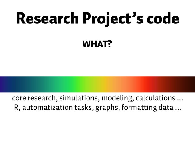 core research, simulations, modeling, calculations ...
R, automatization tasks, graphs, formatting data ...
Research Project’s code
WHAT?
