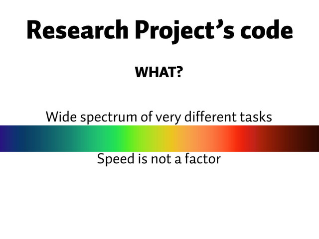 Wide spectrum of very different tasks
Research Project’s code
WHAT?
Speed is not a factor
