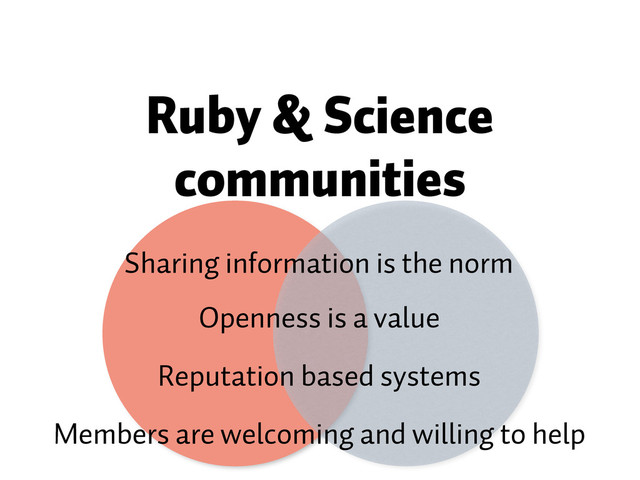 Ruby & Science
communities
Sharing information is the norm
Openness is a value
Reputation based systems
Members are welcoming and willing to help
