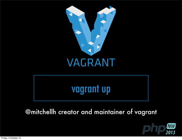 vagrant up
@mitchellh creator and maintainer of vagrant
Friday, 4 October 13
