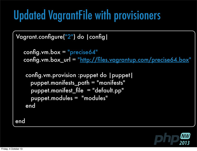Updated VagrantFile with provisioners
Vagrant.conﬁgure("2") do |conﬁg|
conﬁg.vm.box = "precise64"
conﬁg.vm.box_url = "http://ﬁles.vagrantup.com/precise64.box"
conﬁg.vm.provision :puppet do |puppet|
puppet.manifests_path = "manifests"
puppet.manifest_ﬁle = "default.pp"
puppet.modules = "modules"
end
end
Friday, 4 October 13
