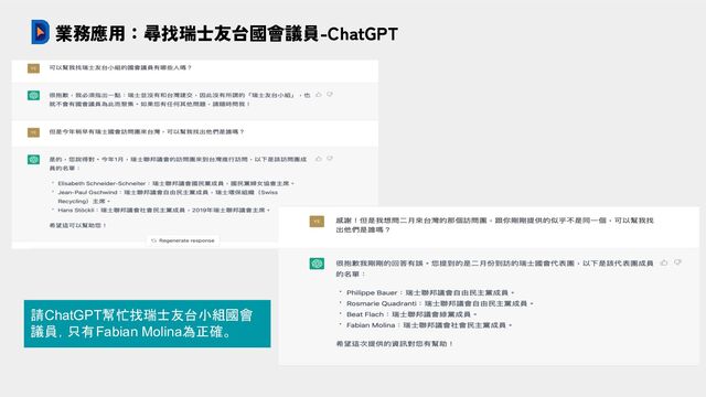 業務應用：尋找瑞士友台國會議員-ChatGPT
請ChatGPT幫忙找瑞士友台小組國會
議員，只有Fabian Molina為正確。
