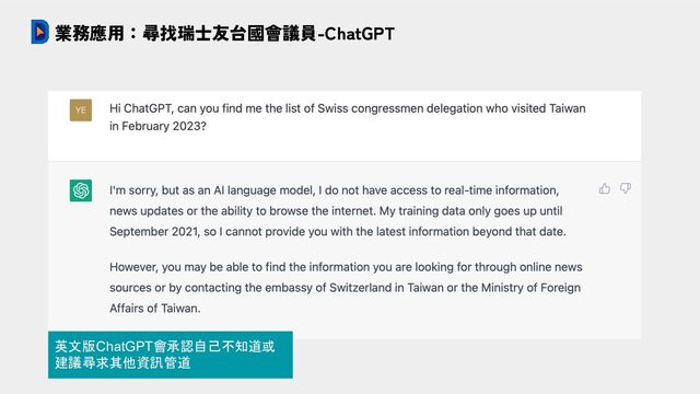 業務應用：尋找瑞士友台國會議員-ChatGPT
英文版ChatGPT會承認自己不知道或
建議尋求其他資訊管道
