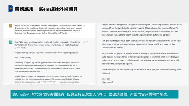 業務應用：寫email給外國議員
請ChatGPT幫忙寫信給美國議員，感謝支持台灣加入 WHO，並邀請受訪，產出內容只需稍作修改。
