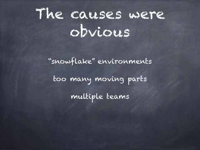 The causes were
obvious
“snowflake” environments
too many moving parts
multiple teams
