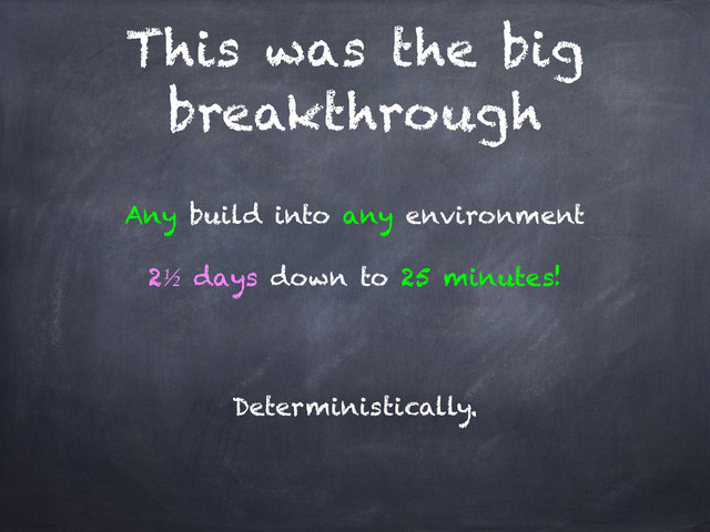 This was the big
breakthrough
Any build into any environment
2½ days down to 25 minutes!
Deterministically.
