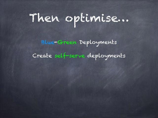 Then optimise…
Blue-Green Deployments
Create self-serve deployments
