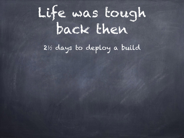 Life was tough
back then
2½ days to deploy a build
