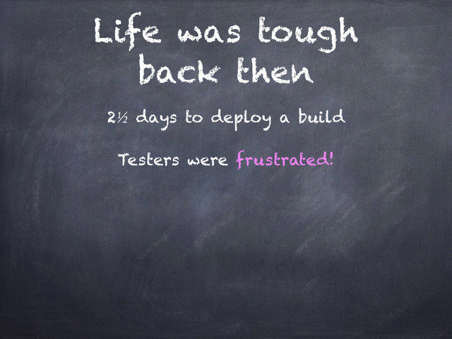 Life was tough
back then
2½ days to deploy a build
Testers were frustrated!
