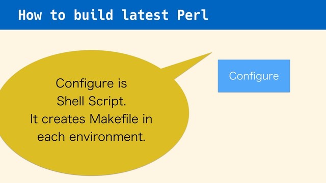How to build latest Perl
$POpHVSF
$POpHVSFJT 
4IFMM4DSJQU
*UDSFBUFT.BLFpMFJO
FBDIFOWJSPONFOU
