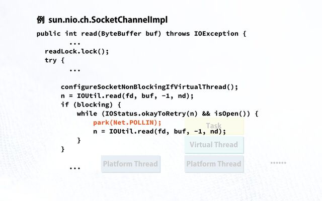 Platform Thread Platform Thread
......
Virtual Thread
Task
public int read(ByteBuffer buf) throws IOException {
...
readLock.lock();
try {
...
configureSocketNonBlockingIfVirtualThread();
n = IOUtil.read(fd, buf, -1, nd);
if (blocking) {
while (IOStatus.okayToRetry(n) && isOpen()) {
park(Net.POLLIN);
n = IOUtil.read(fd, buf, -1, nd);
}
}
...
sun.nio.ch.SocketChannelImpl
例
